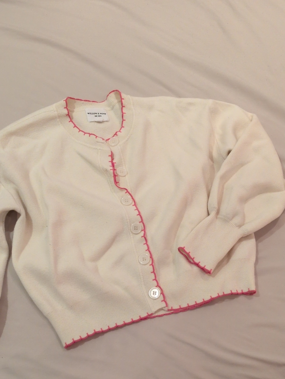 Light Yellow Cardigan with Pink Stitch Trim